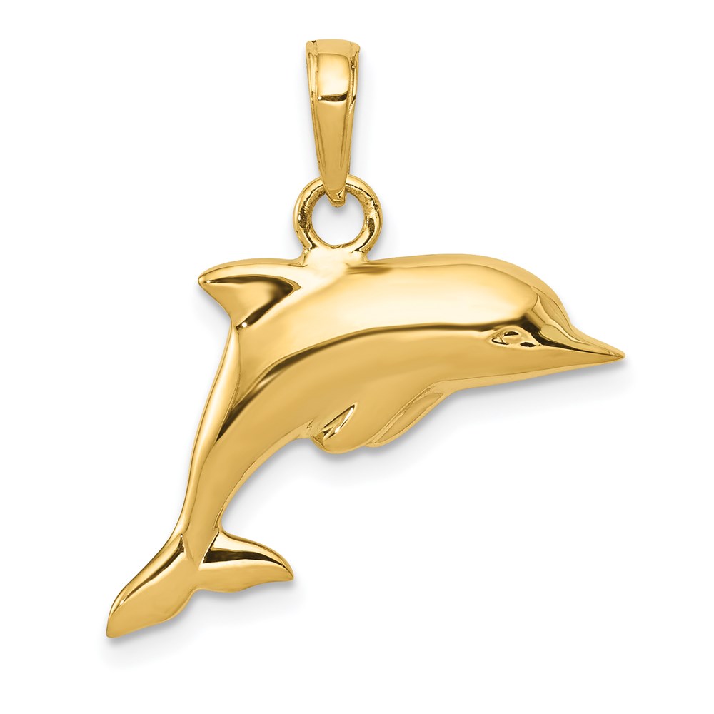 14k Yellow Gold Polished 3-D Small Dolphin Necklace Charm Pendant, Unisex